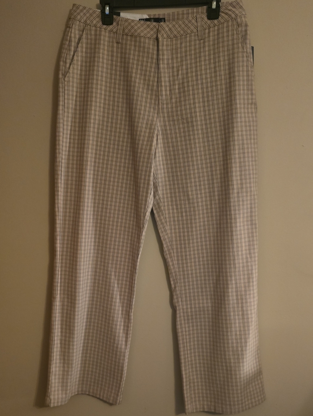 New Volcom Women's 32 Beige Black Plaid Mid Rise Rrgular Fit Chino Trouser Pants